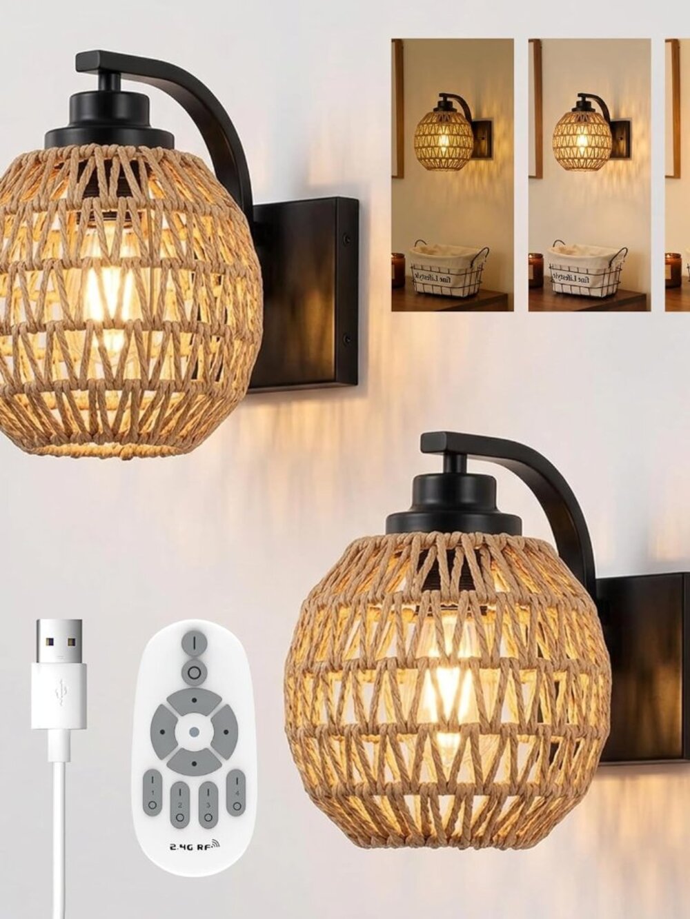 Battery Operated Rattan Wall Sconces Remote Control Rechargeable Wireless LED Li